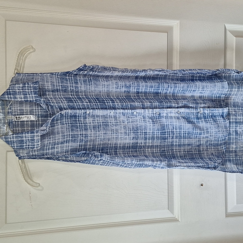 Beautees sleeveless tunic button up - L - blue/white sheer
